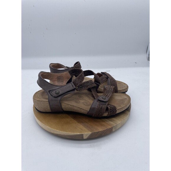 Taos Trulie Sandals Womens 6 Brown Leather Braided Strap Cork Sandals Spain - Picture 1 of 10